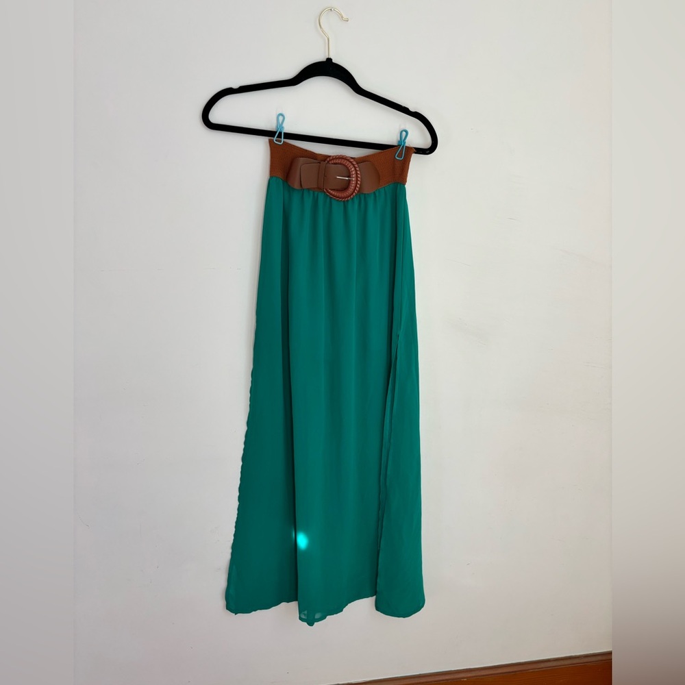 Elegant Teal Maxi Skirt with Brown Belt